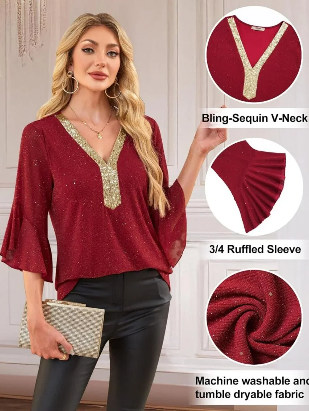 Ruffle 3/4 Sleeve Sparkly Sequin V Neck Blouse - Dressy Fall Top for Women